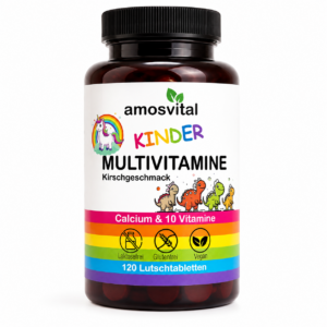 amosvital Kinder Multivitamine mit Kirschgeschmack – 120 Lutschtabletten mit Calcium und 10 Vitaminen, laktosefrei, glutenfrei und vegan