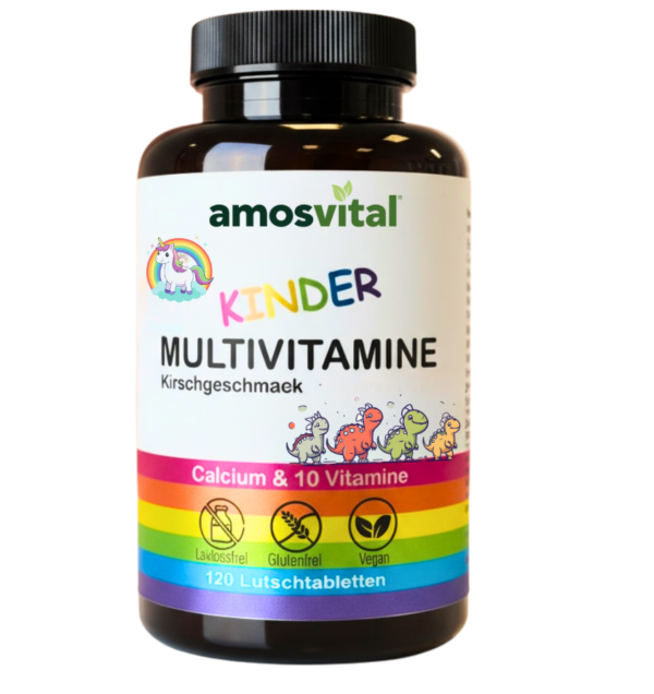 amosvital Kinder Multivitamin Lutschtabletten 120 Stück – vegane, glutenfreie und laktosefreie Multivitamine für Kinder mit fruchtigem Geschmack
