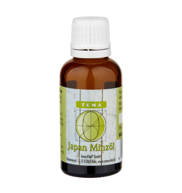 AmosVital Japan Minzöl in brauner Glasflasche – 100 % naturreines ätherisches Minzöl, erhältlich in 10 ml und 30 ml.