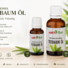 AmosVital naturreines australisches Teebaumöl in 10 ml und 30 ml auf natürlichem Hintergrund mit Teebaumblättern.