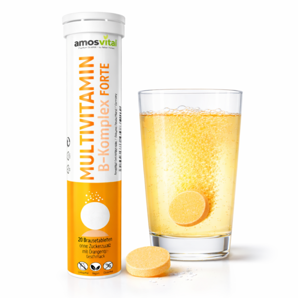Multivitamin B-Komplex Brausetabletten mit Glas Wasser und auflösender Tablette für Energie und Vitalität