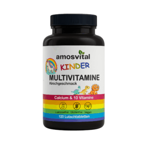 Flasche amosvital Kinder Multivitamine mit 120 Lutschtabletten, Kirschgeschmack, buntem Regenbogen-Design und kindlichen Dinosaurier-Illustrationen.