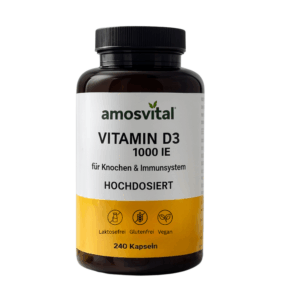 Braune Dose amosvital Vitamin D3 1000 IE, vegane Kapseln, gelb-weißes Etikett, 240 Stück – hochdosiert für Knochen und Immunsystem.