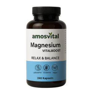 Dose amosvital Magnesium Vitalboost mit 240 veganen Kapseln, blau-weißem Etikett und den Hinweisen laktosefrei, glutenfrei und vegan.