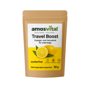 Travel Boost Beutel von amosvital, zitronengelbes Energie- und Immunpulver, 50 g, vegan, glutenfrei, laktosefrei.