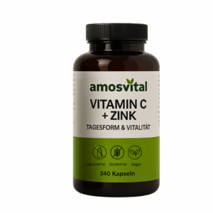 Braune Dose von amosvital mit Vitamin C + Zink, grün-weißem Etikett, vegan, laktosefrei und glutenfrei, 240 Kapseln.