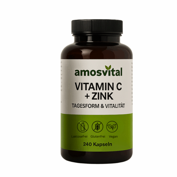 Braune Dose von amosvital mit Vitamin C + Zink, grün-weißem Etikett, vegan, laktosefrei und glutenfrei, 240 Kapseln.