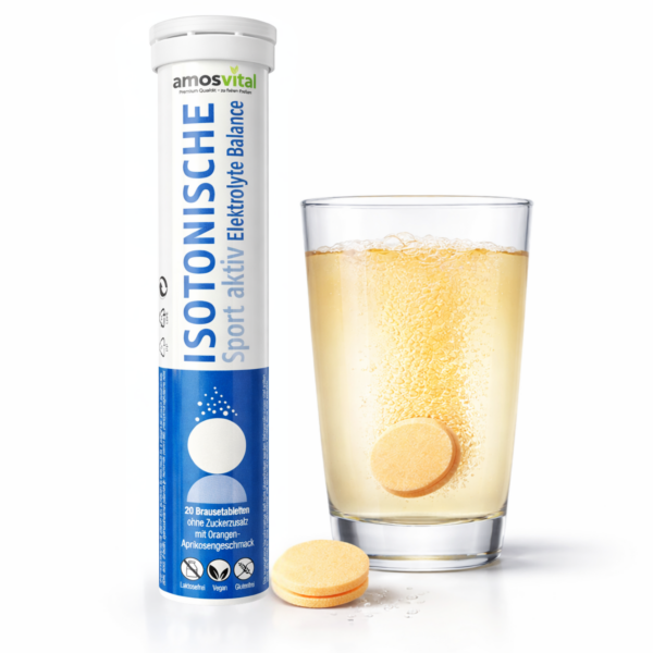 Isotonische Elektrolyte Brausetabletten mit Glas Wasser und auflösender Tablette für Hydration und sportliche Leistungsfähigkeit