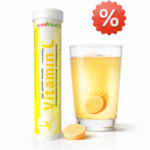 Vitamin C 1000 mg Brausetabletten mit Glas Wasser und auflösender Tablette für Immunsystem und tägliche Versorgung