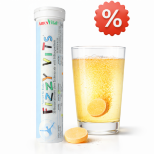 Kinder Vitamin Brausetabletten mit Glas Wasser und auflösender Tablette für Immunsystem und tägliche Versorgung
